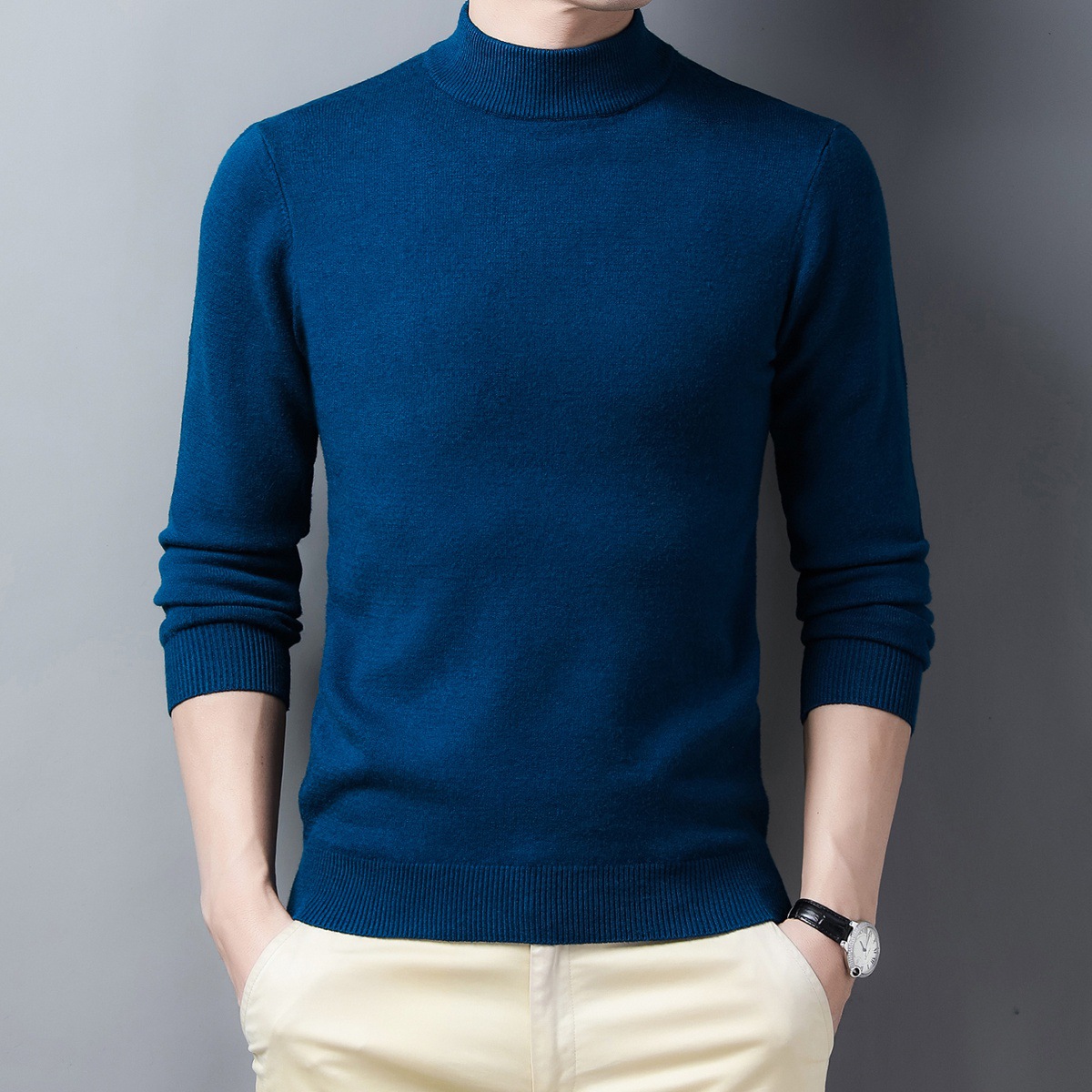 Men's cashmere sweater, half-high collar, warm