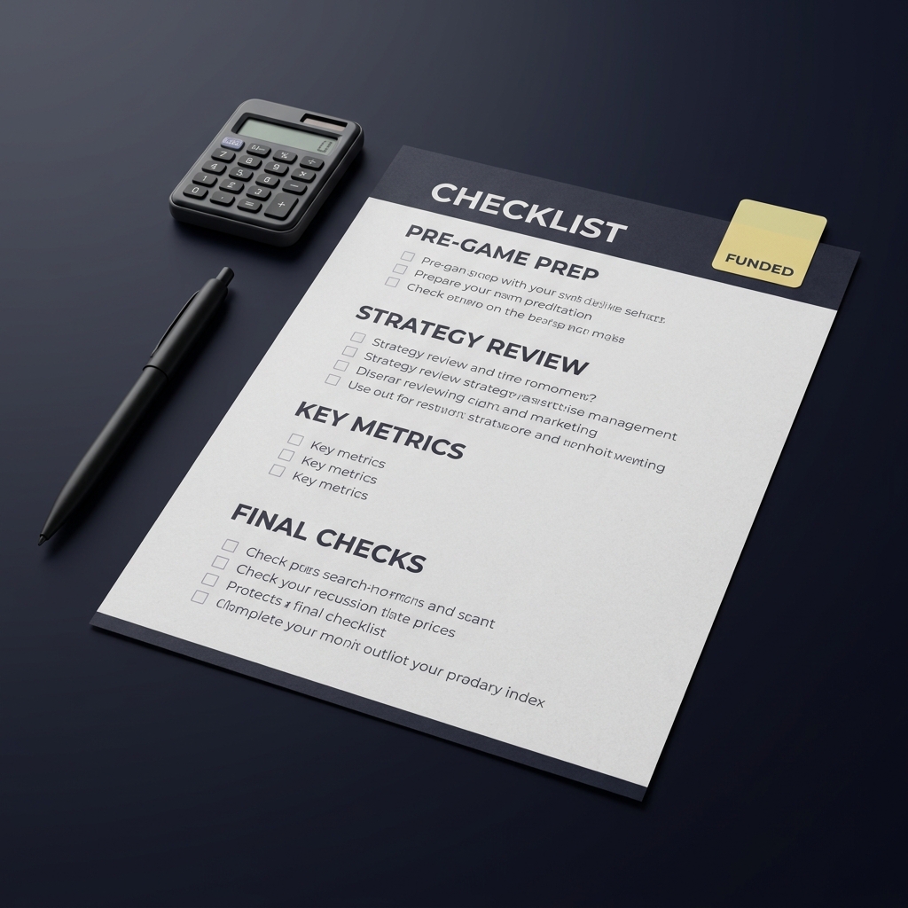 The Role of Discipline in Funded Sports Trading close up of a printed pre game checklist with a pen and a unit sizing calculator on a minimalist dark Funded Plays desk showing brand colors and organized layout