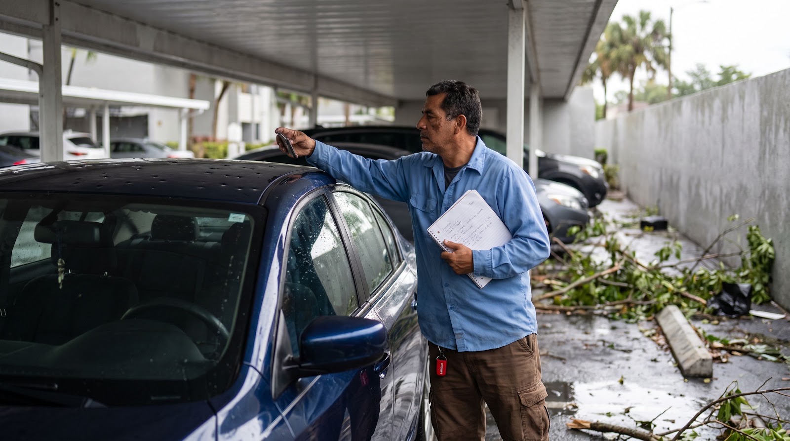 Florida hurricane hail car insurance claim documentation on a dented car after a storm