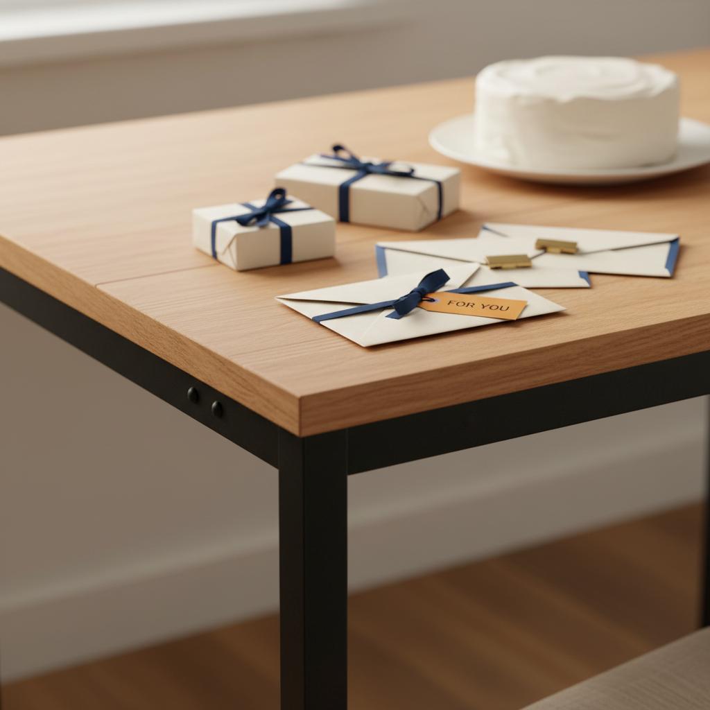 Intime Detailaufnahme eines Esstisches mit geschmackvoll verpackten Geldgeschenken und Vanillekuchen in warmer Lichtstimmung – Geldgeschenk Geburt