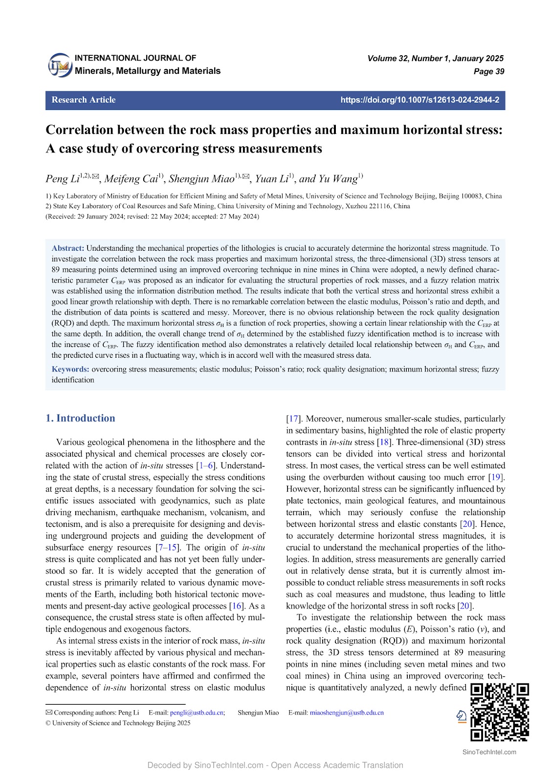 Correlation between the rock mass properties and maximum horizontal stress: A case study of overcoring stress measurements