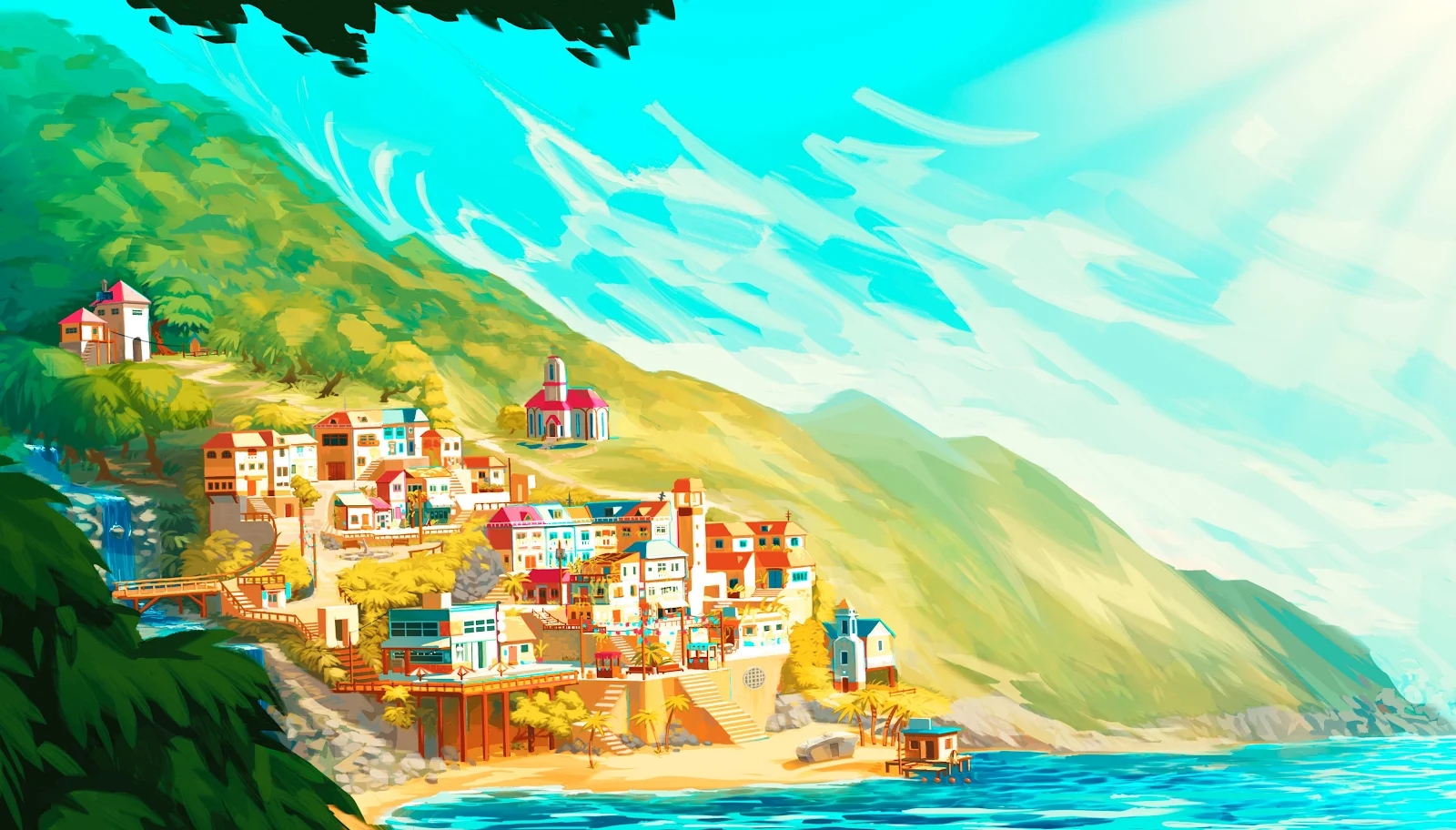 Vibrant Coastal Town On Sunny Hill - Vibrant Digital Illustration 4K Wallpaper (4096x2335)