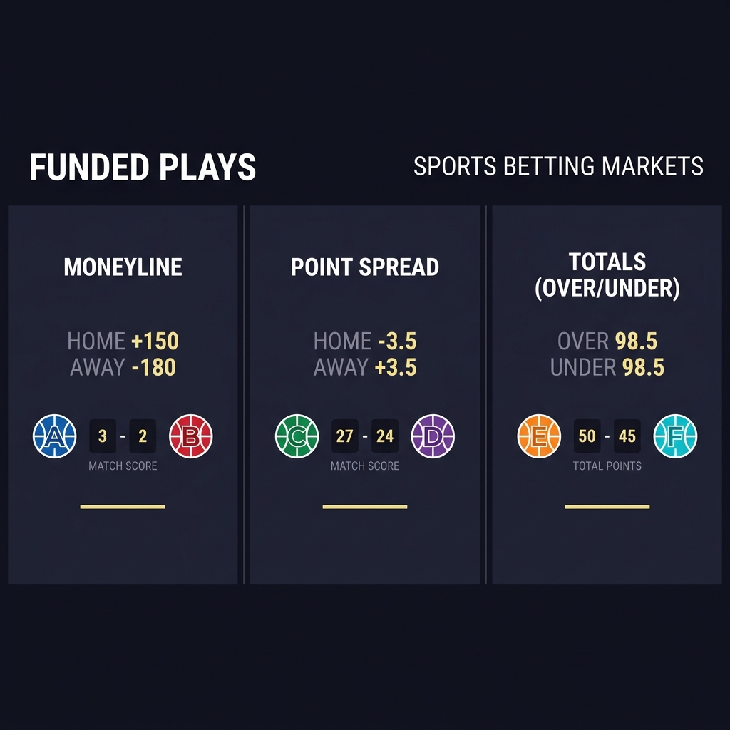 Minimalist full frame infographic showing moneyline point spread and totals markets with short labels simple team icons and a compact scoreboard for straight bets