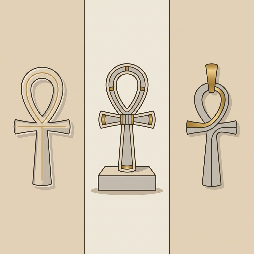 Minimalist 2D vector triptych of egyptian rings showing an ankh museum relief a late period amulet and a modern fashion pendant on warm beige background