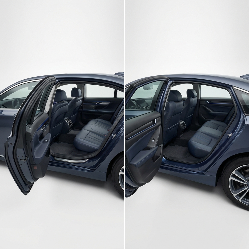 Studio comparison of rear legroom in a full size sedan and a midsize sedan showing seat spacing and trunk access chevrolet impala for sale