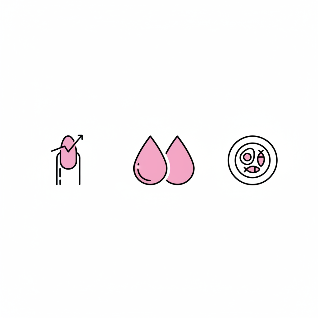Infografik mit drei Vektor-Icons (Nagel mit Wachstumslinie, Blutstropfen, Teller mit Protein) in NailX-Farben. Welches Vitamin fehlt, wenn Nägel nicht wachsen?