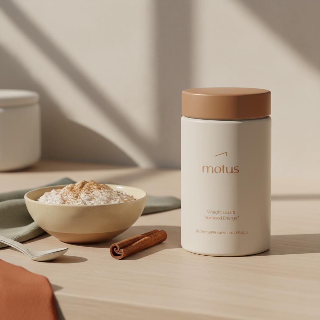 Tonum Motus container on a minimalist kitchen counter beside a bowl of rolled oats lightly sprinkled with Ceylon cinnamon and a cinnamon stick, clean natural light — cinnamon blood sugar