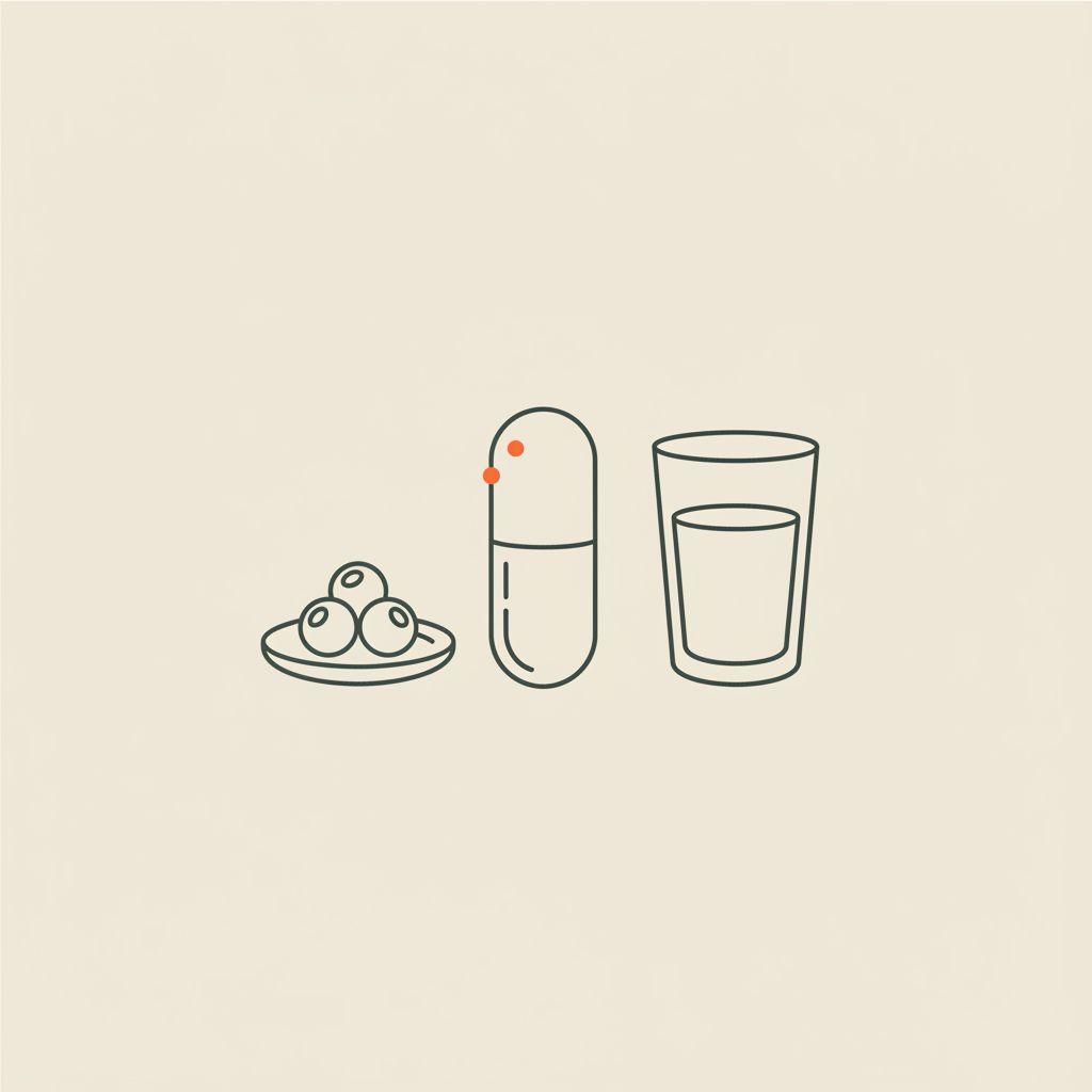 Minimalist vector line illustration of a capsule, water glass, and plate of berries on beige background representing vitamin b12 weight loss