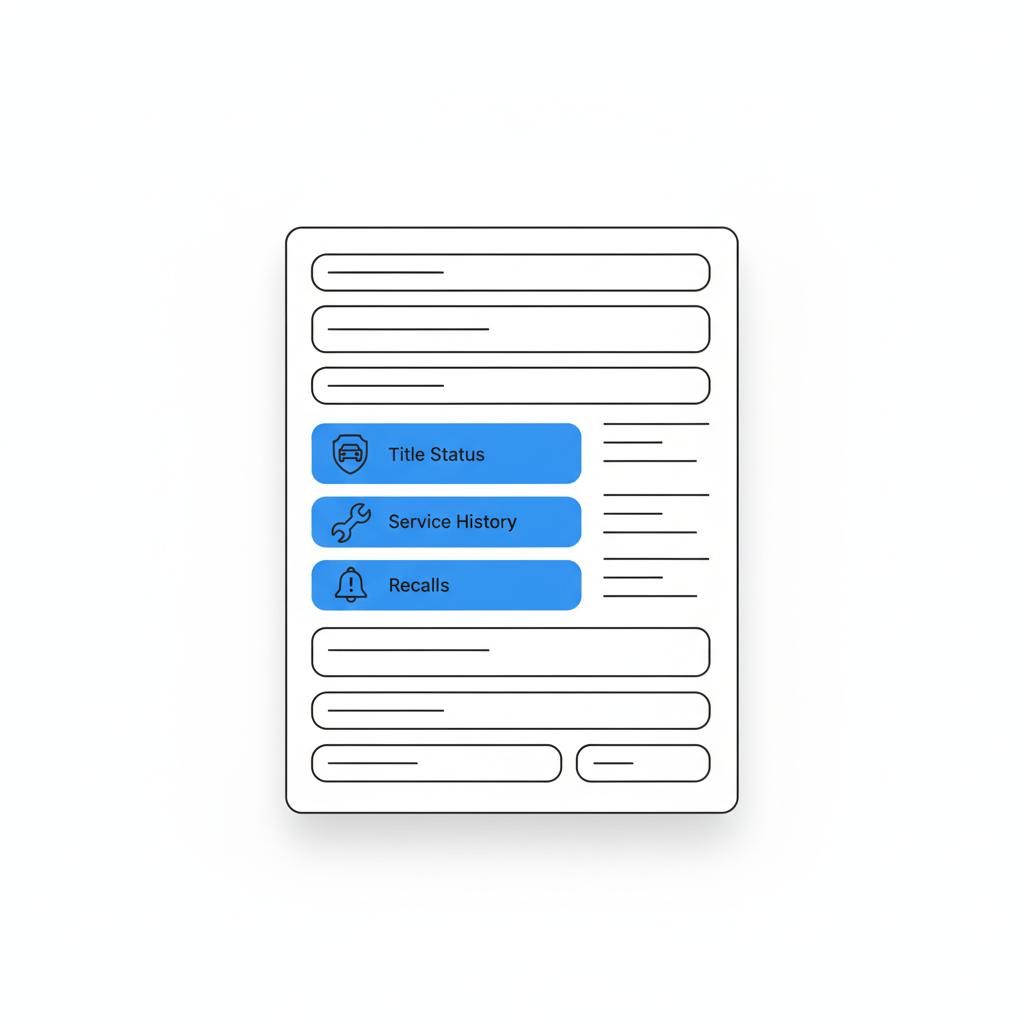 Minimalist 2D vector mockup of a vehicle history report with three highlighted sections title status service history and recalls in CarFax Deals blue jeep car dealer near me