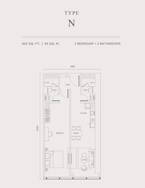 CloutHaus Type N floor plan — 1216 sq ft, 3 bedrooms