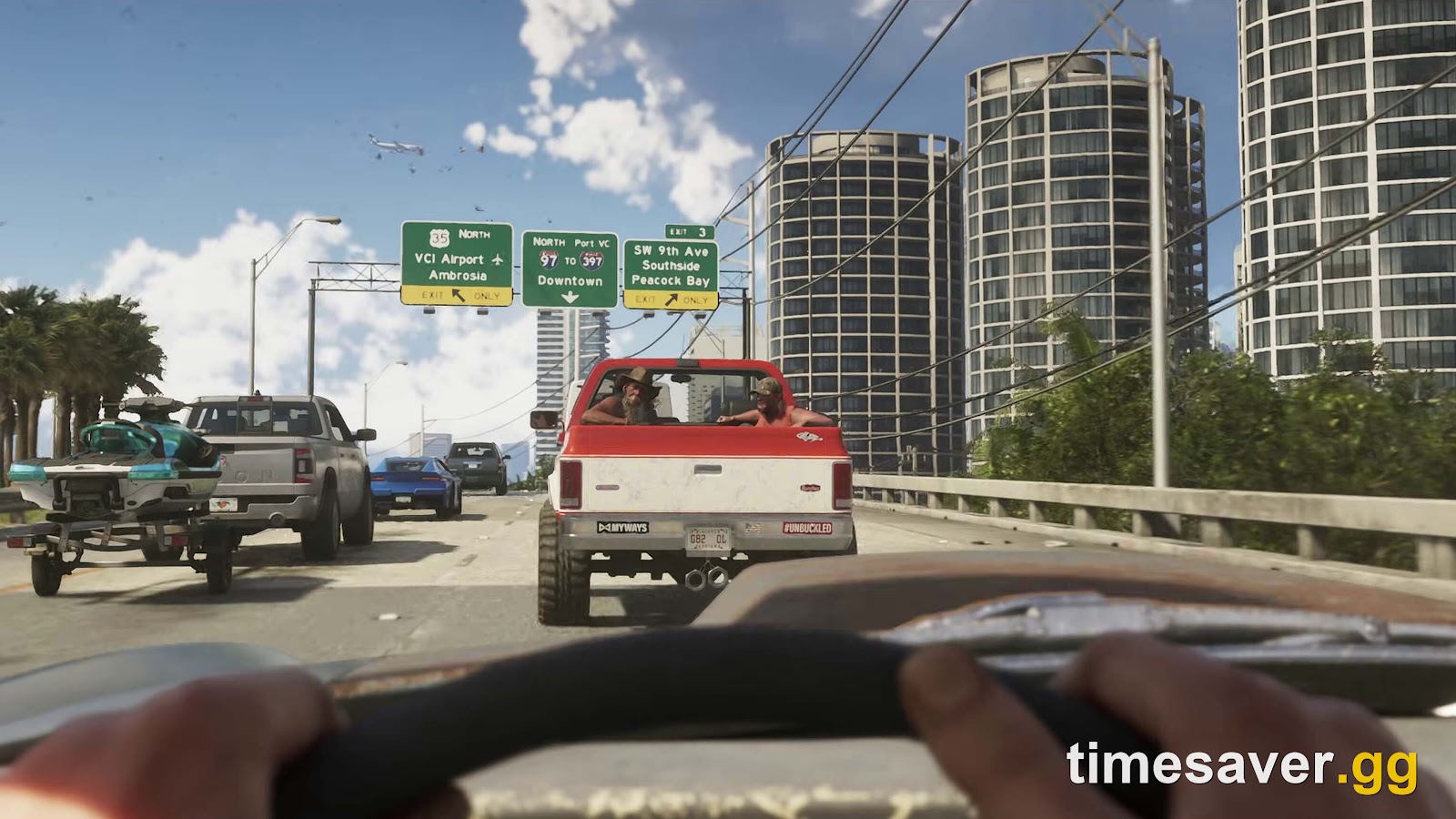 GTA 6 first-person driving through Vice City — official Rockstar Games gameplay screenshot showing the game's visual fidelity