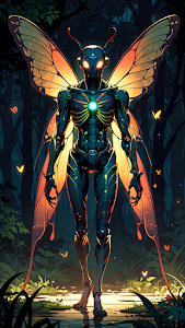 Insectoid Robot with Glowing Butterfly Wings in Dark Forest