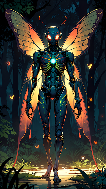 Insectoid Robot with Glowing Butterfly Wings in Dark Forest - Free mobile Wallpaper