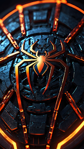 Glowing orange spider emblem on dark mechanical surface