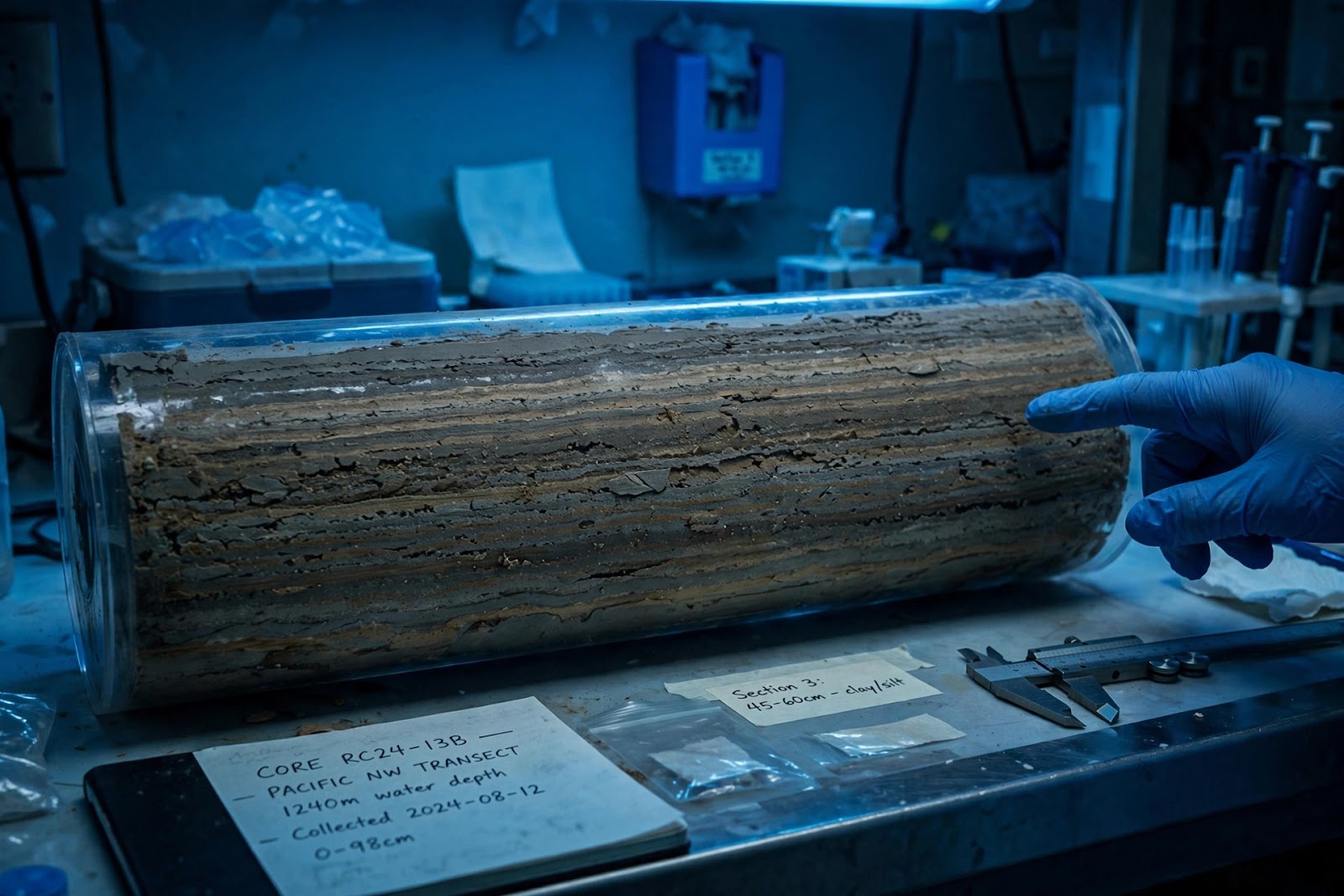 Layered ocean sediment core in a research lab, an archive of millions of years of seafloor history