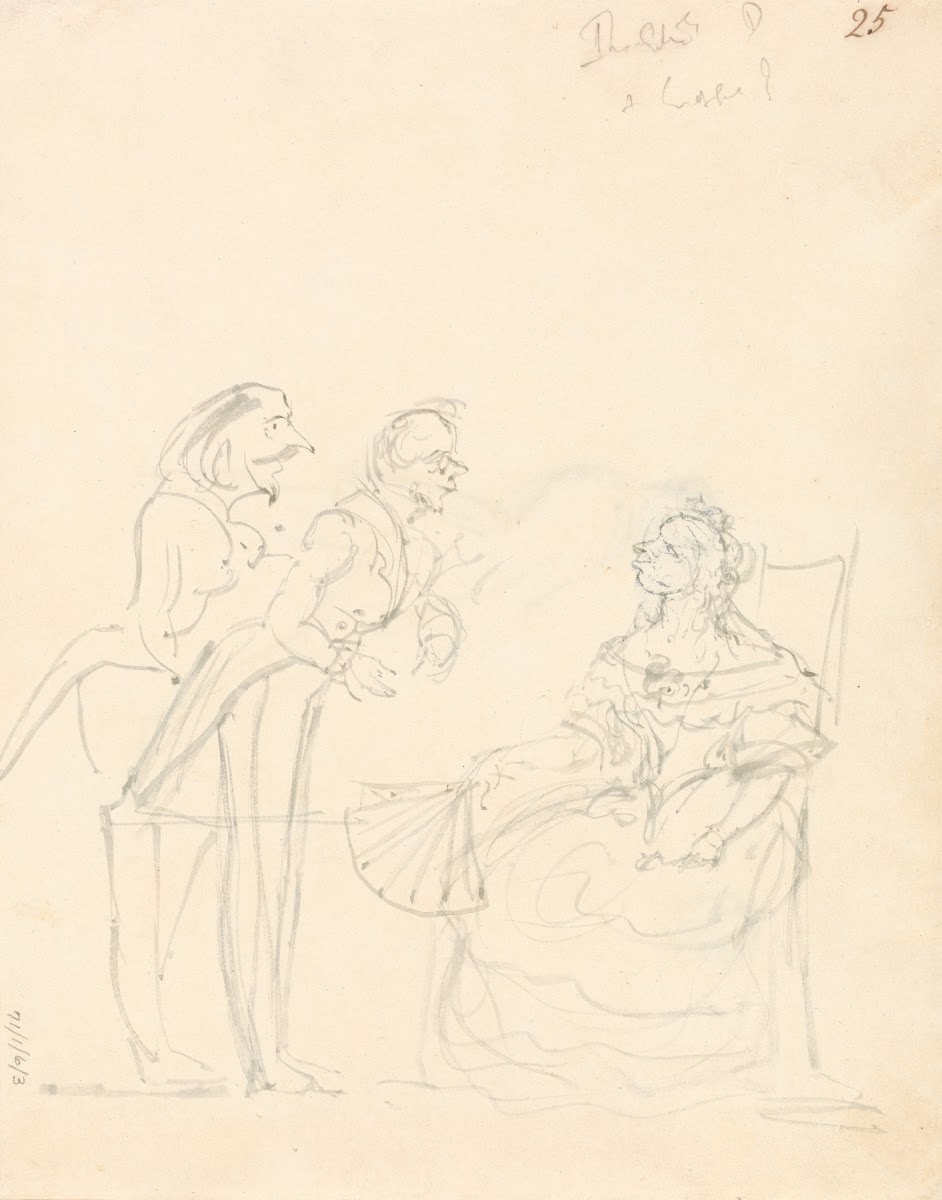 Two Gentlemen Talking to a Seated Lady