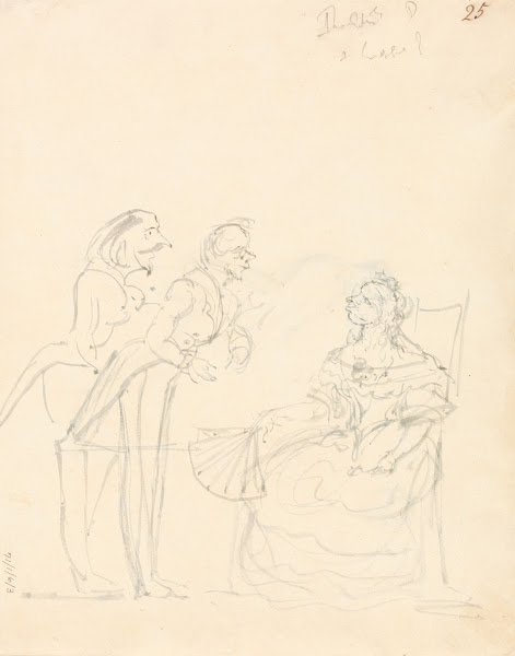 Two Gentlemen Talking to a Seated Lady