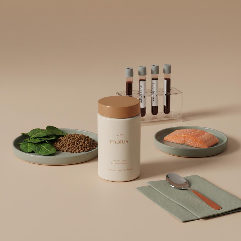 Minimalist kitchen still-life with Tonum supplement container beside spinach, lentils, fatty fish and a small test-tube rack, illustrating vitamins for energy