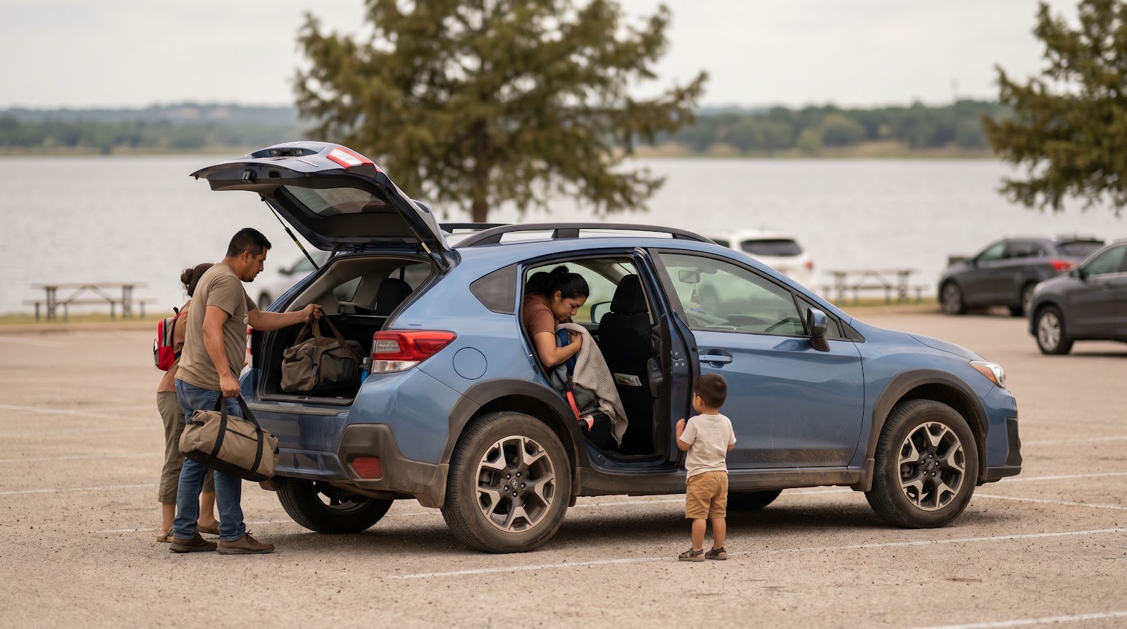 Familia hispana en estacionamiento junto a un lago en Texas tomando precauciones de seguro robo auto verano texas antes de un viaje