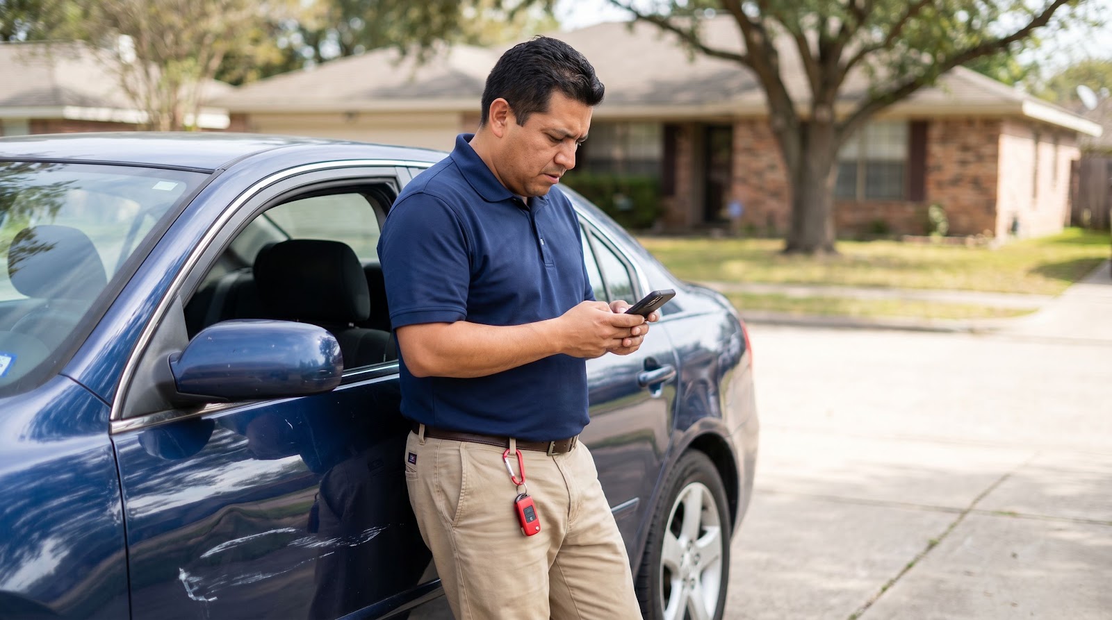Hombre latino revisando evidencia del seguro auto choque estacionamiento Texas junto a su carro en la entrada de su casa