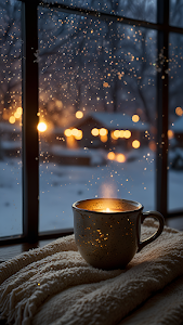 Steaming Mug Window Bokeh Lights Winter Cozy Scene