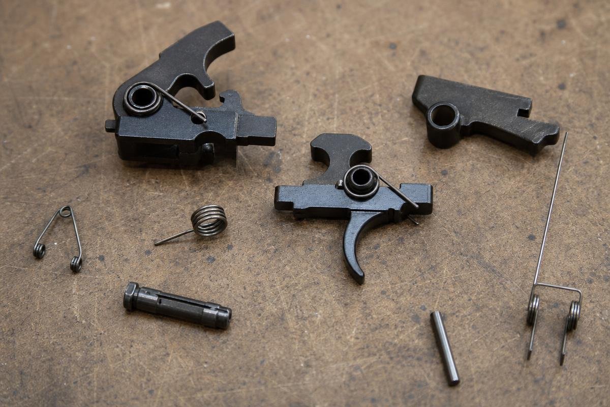 AR-15 fire control group parts showing trigger, hammer, disconnector, and springs