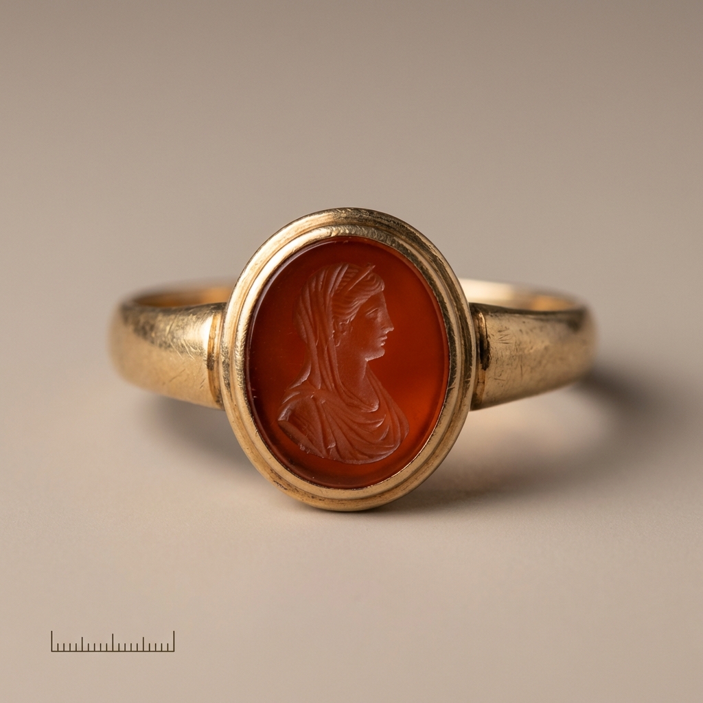 Close up bezel set carnelian intaglio ring with engraved motif and worn shoulders shown with a small millimeter scale bar on a warm neutral background, ancient greek engagement rings