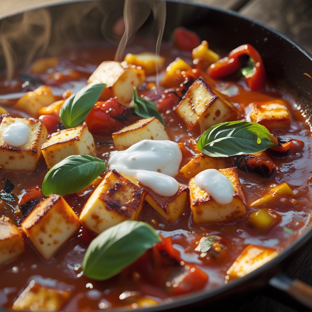 30-Minute Spiced Paneer Power Skillet with Charred Peppers & Basil Yogurt