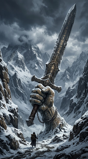 Gargantuan Sword Held by Stone Hand in Snowy Mountain Pass - Free mobile Wallpaper