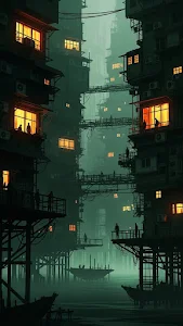 Moody Digital Painting of a Gritty Dystopian City Built on Stilts Above Murky Water