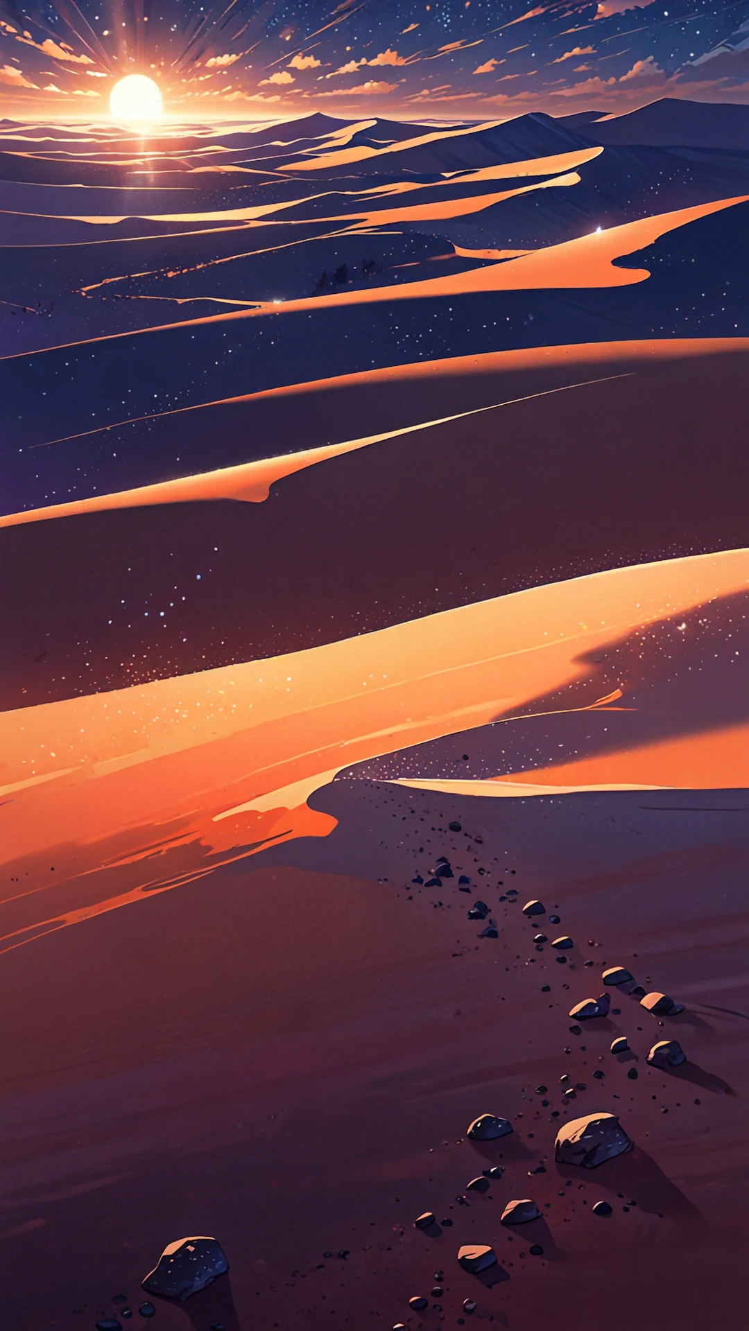 Epic Desert Dunes Sunset Anime Style Landscape Art - Free 4K mobile Wallpaper