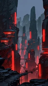 Futuristic City Carved Into Red-Lit Cliffs