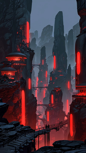 Futuristic City Carved Into Red-Lit Cliffs - Free mobile Wallpaper