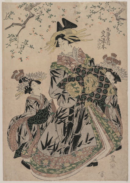 The Courtesan Katakoshigi  of Maruebiya with her Kamuro Ageha and Midori c 1805