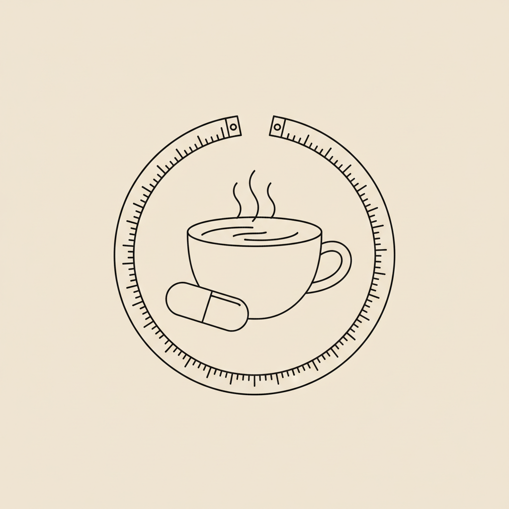 Minimalist 2D line illustration of a steaming tea cup, capsule, and measuring tape circle on a beige background, referencing does green tea burn belly fat.