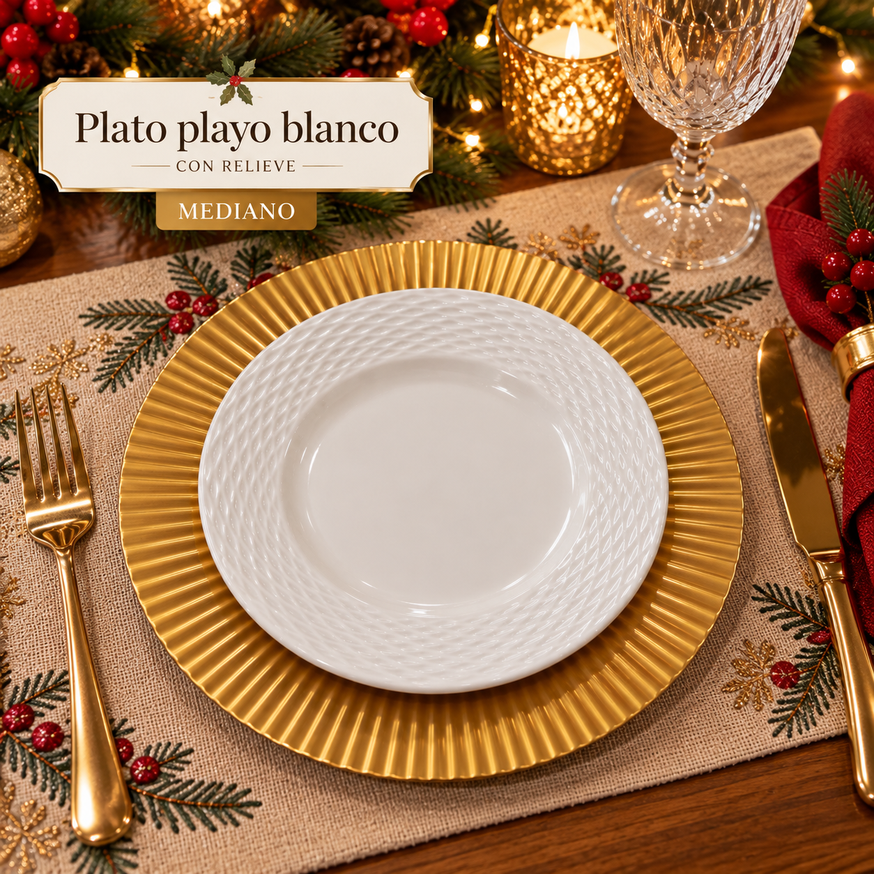 Plato playo blanco de cerámica con relieve- Mediano