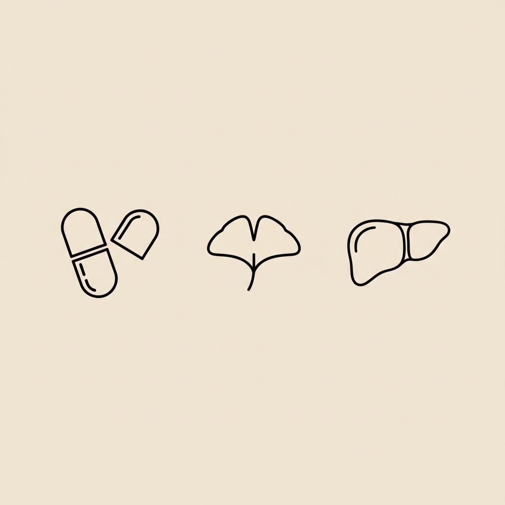 Minimalist Tonum-style line illustration of a capsule, leaf, and liver icon on beige background representing nicotinamide and liver health