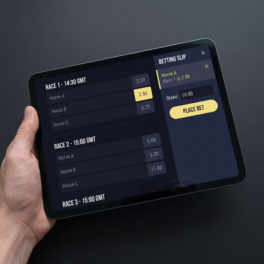 Close up tablet showing race card and betting slip with visible odds types of bets horse racing minimalist Funded Plays color palette