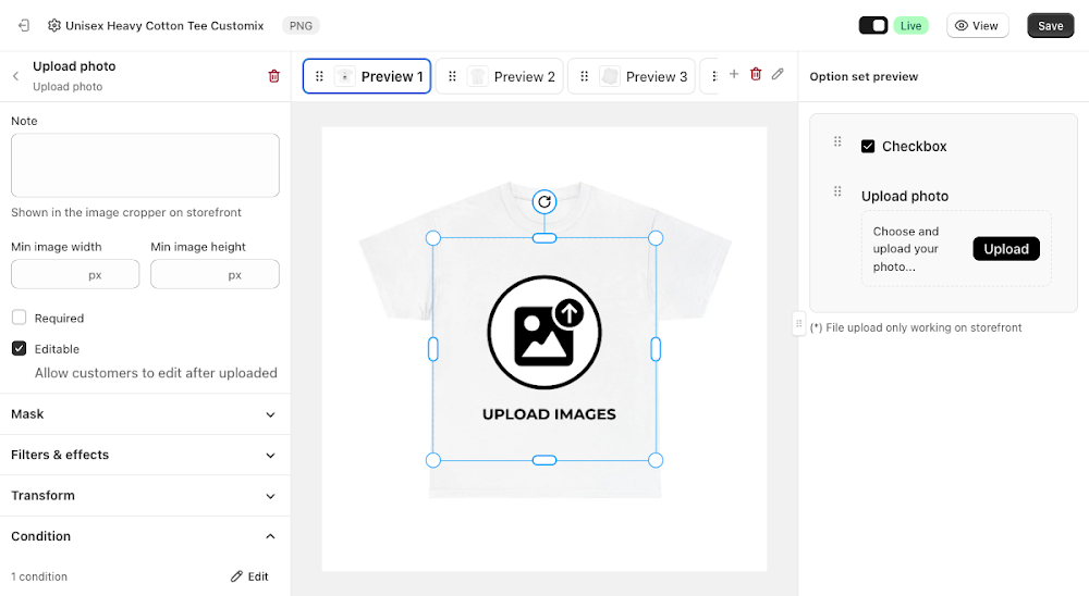 Option set preview with Upload photo visible after ticking Checkbox