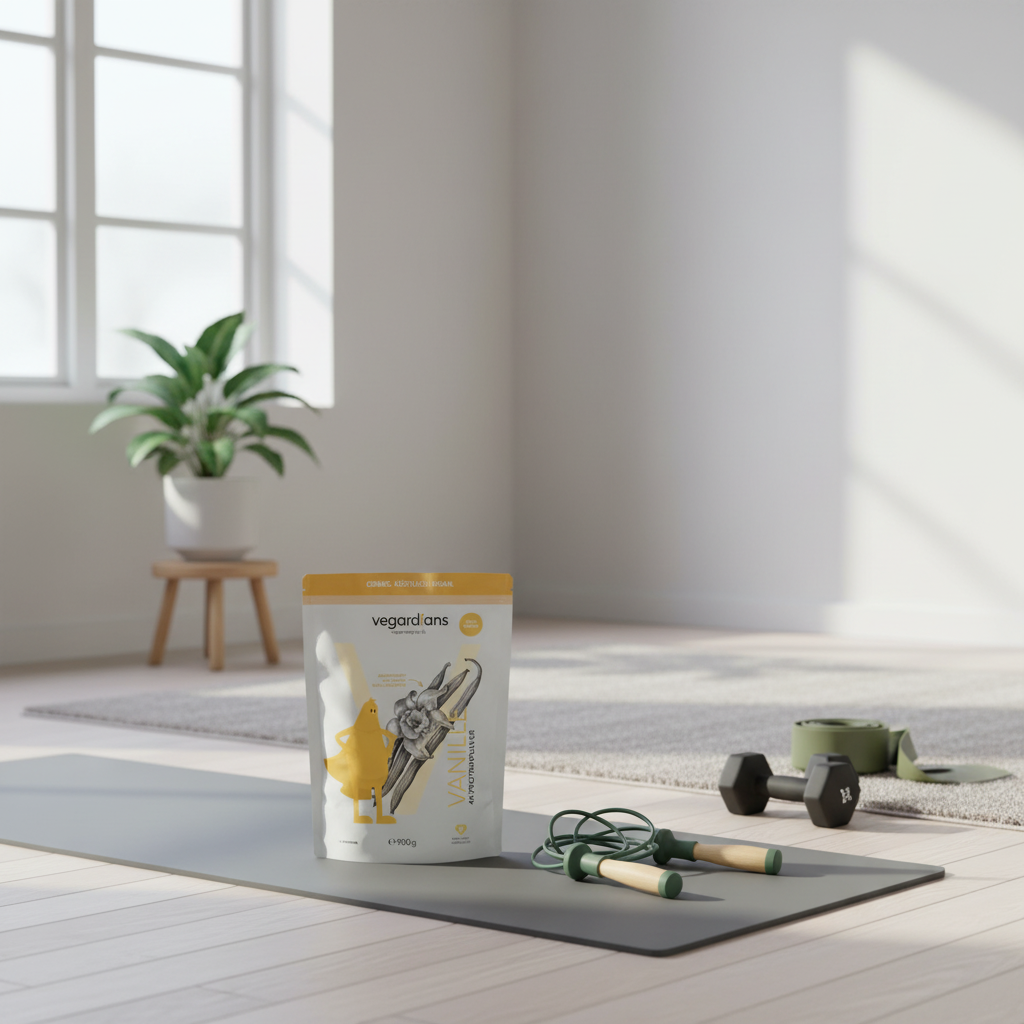 Minimalistischer Heimtrainingsbereich mit Yogamatte, Sprungseilen, Kurzhanteln und Widerstandsband vor Fenster im Vegardians-Stil — body attack