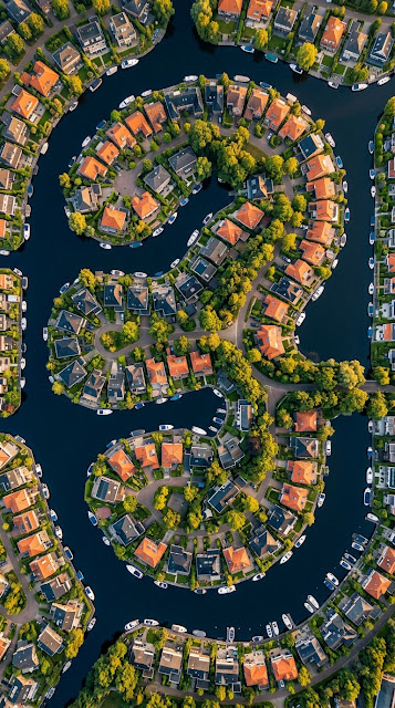 Aerial View Of Houses Arranged Along Sinuous Canals - Free mobile Wallpaper