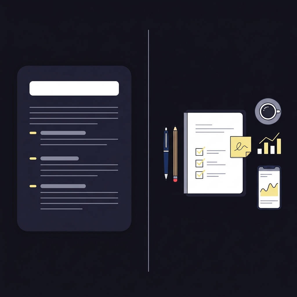 Split screen vector showing a challenge rules card and a tidy desk review with open notebook pen checkboxes small chart illustrating How FundedPlays Helps Traders Practice Discipline in a minimalist brand color style