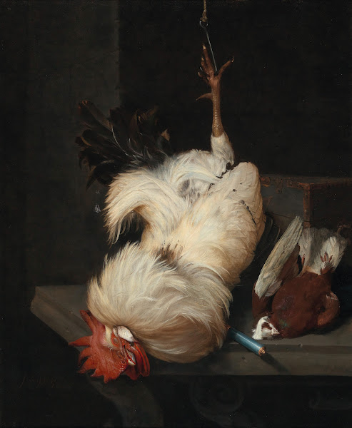 A white cockerel and a pigeon on a stone table