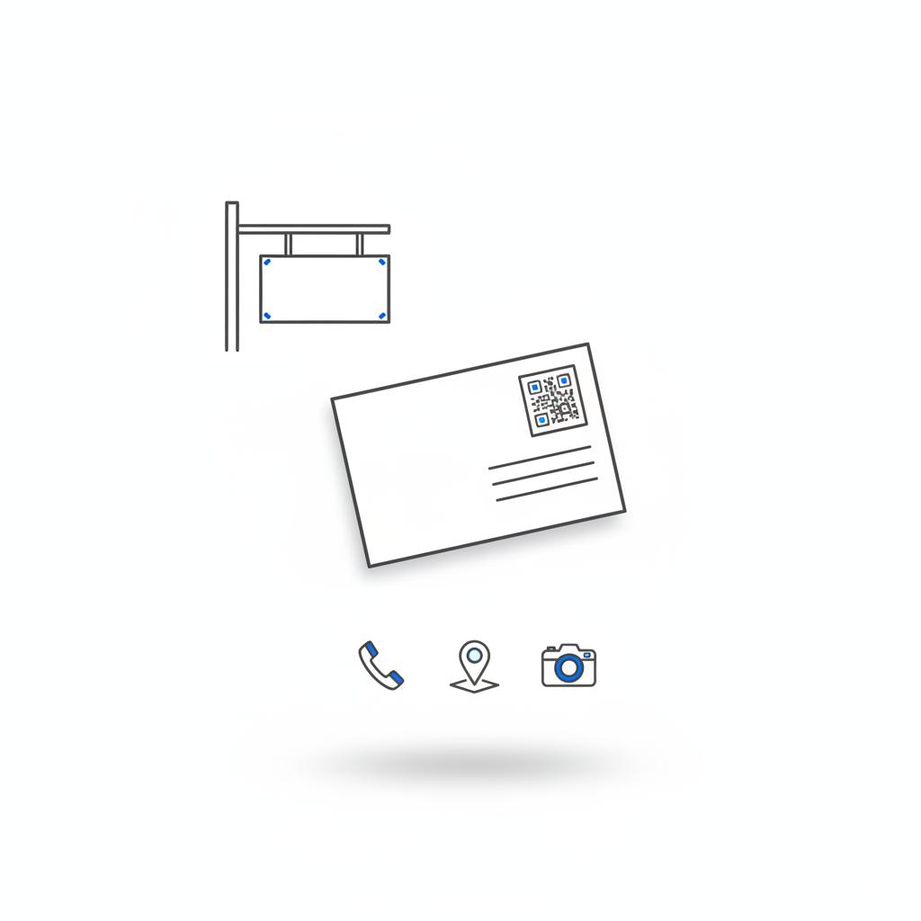Minimal flat-lay sketches of a storefront sign, postcard with a code panel, and phone, map pin, and camera icons on white background &mdash; google business profile free
