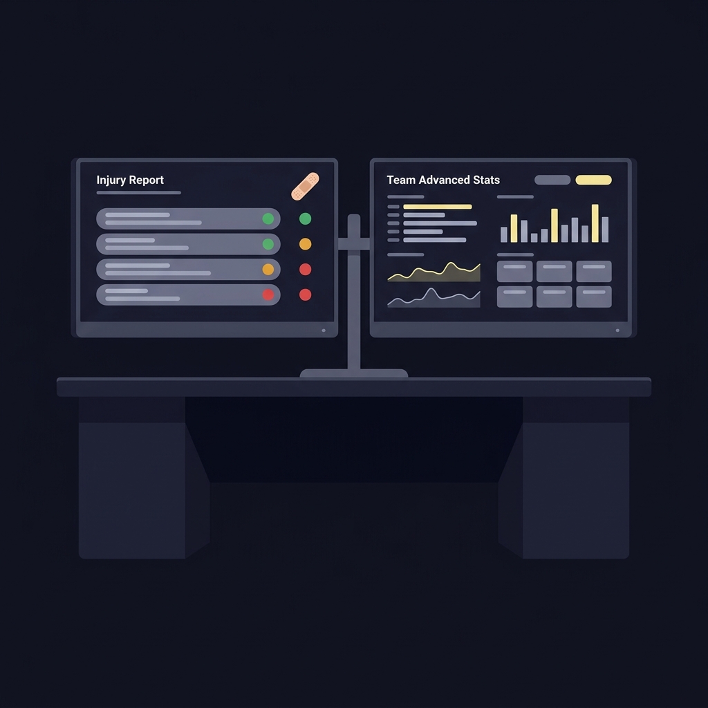 Minimalist 2D vector workspace with dual monitors showing an injury report visualization and team advanced stats charts for bucks bulls prediction