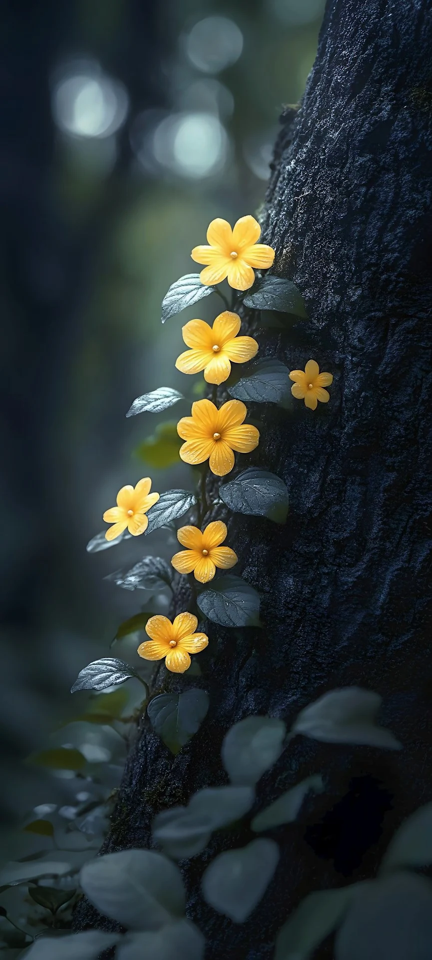 Golden Forest Bloom on Dark Bark Texture - Free 4K mobile Wallpaper