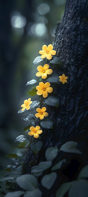 Golden Forest Bloom on Dark Bark Texture - Free mobile Wallpaper