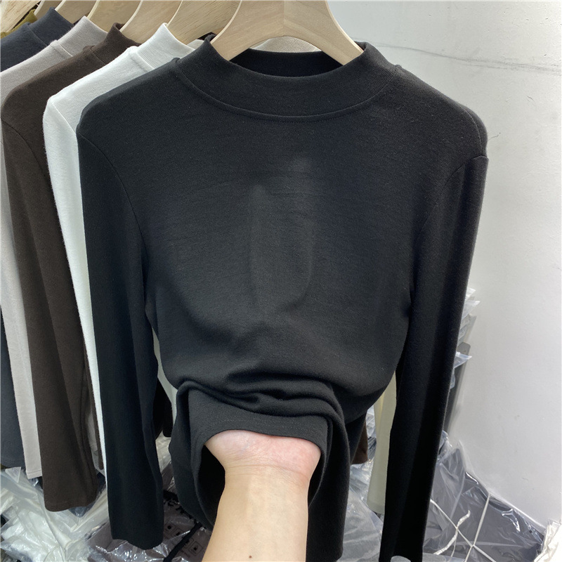Women's long-sleeve shirt with stand-up collar and brushed inner side