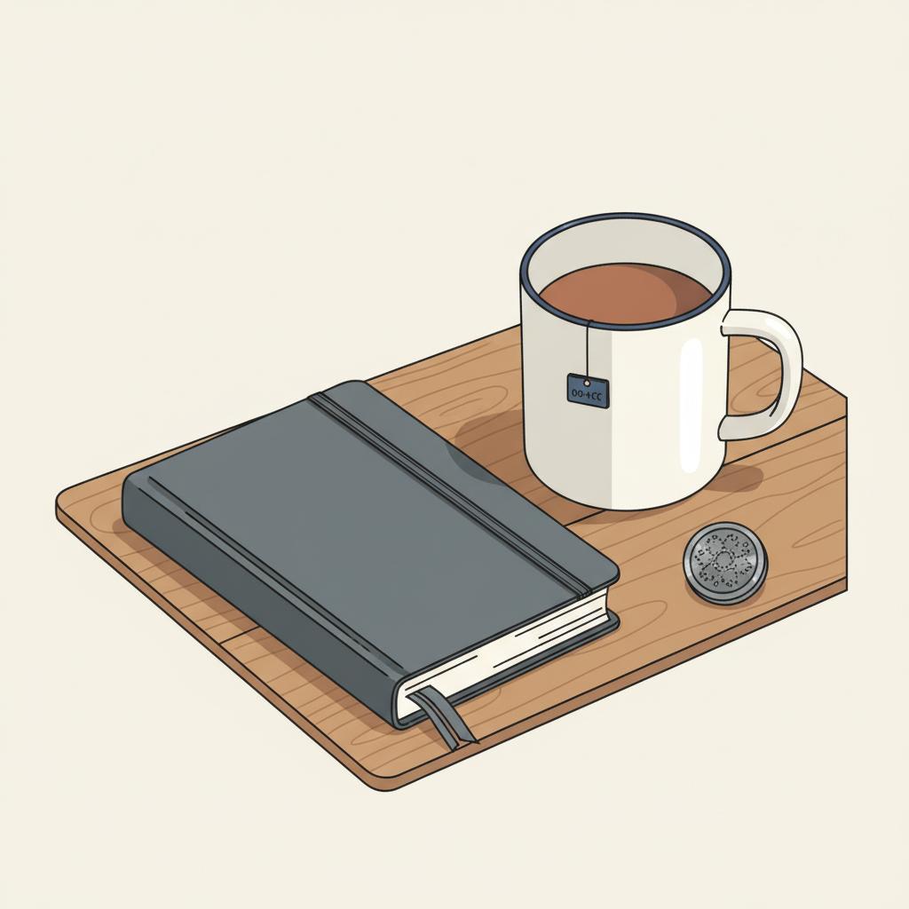 2D Vektor-Detail: Achtsamkeits-Journal, Tasse Tee und gravierter Metall-Button auf Holz, ruhige minimalistische Komposition mit Steelmonks-Akzenten; tröstgeschenke
