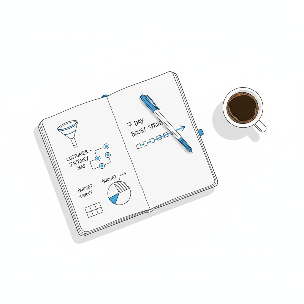 Minimalist vector workspace with a notebook of campaign maps and a 7-day boost sprint timeline, pen and coffee cup &mdash; is boosting on X worth it